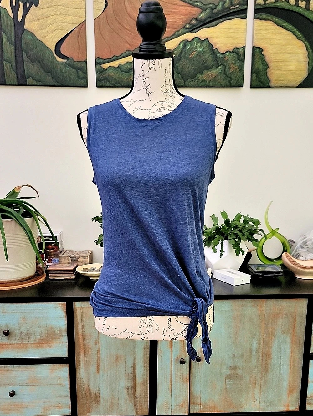 Banana Republic 100% Linen Sleeveless Side Tie Top-Blue